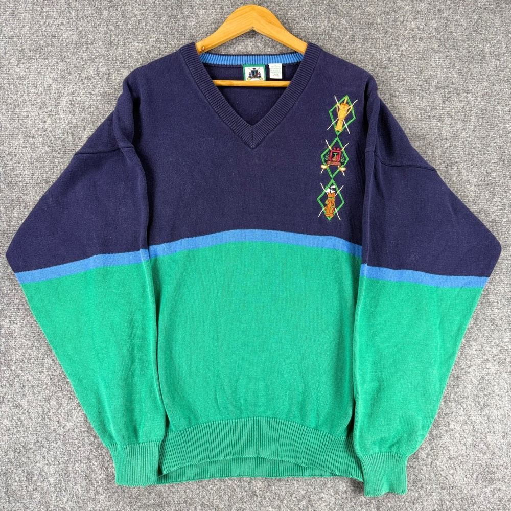 Vintage Izod Golf V-Neck Sweater Men's Large Blue Green Embroidered Pullover